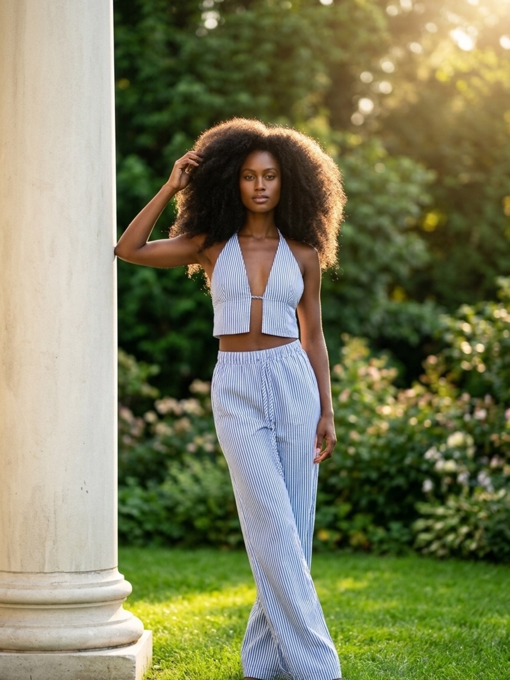 SHEIN Blue & White Striped Halter Crop Top with Wide-Leg Pants Set